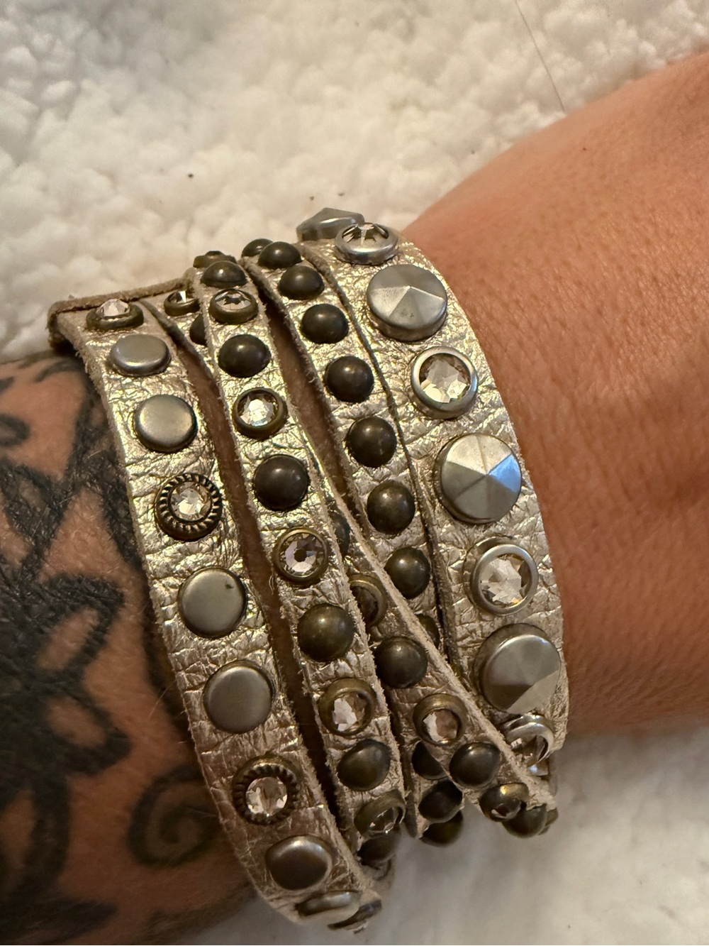 Leatherock Metallic Gold Wrap Bracelet with Stud and Crystal Accents